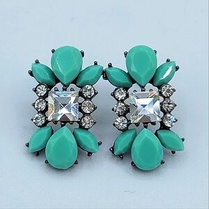 Mint Cabachon & Clear Crystal Earrings Hematite Tone Setting #1226
